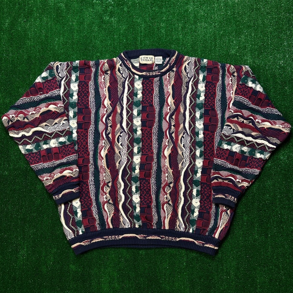 VTG Cotton Traders Multicolor Knit 3D‎ Sweater Pullover Coogi Style Men's Large